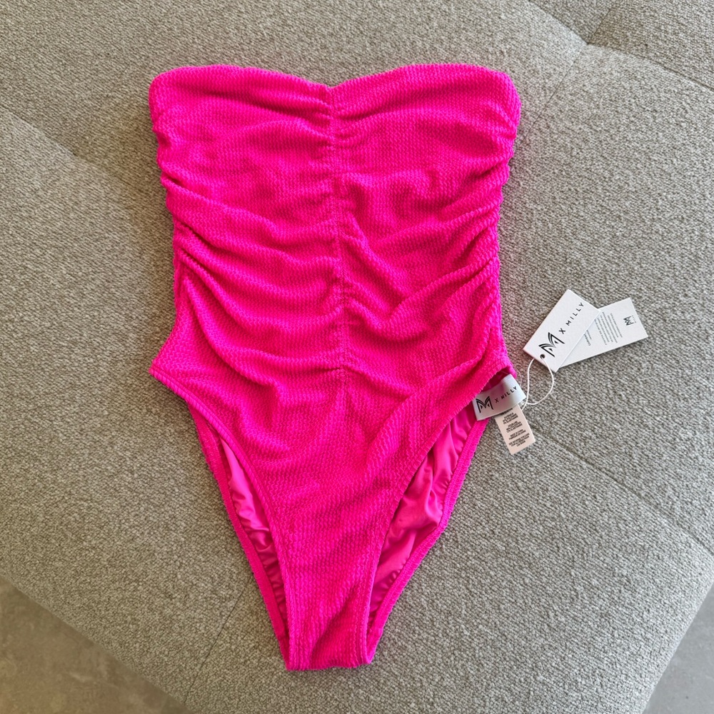 Milly Textured Ruched One Piece Swimsuit Hot Pink Strapless NWT M